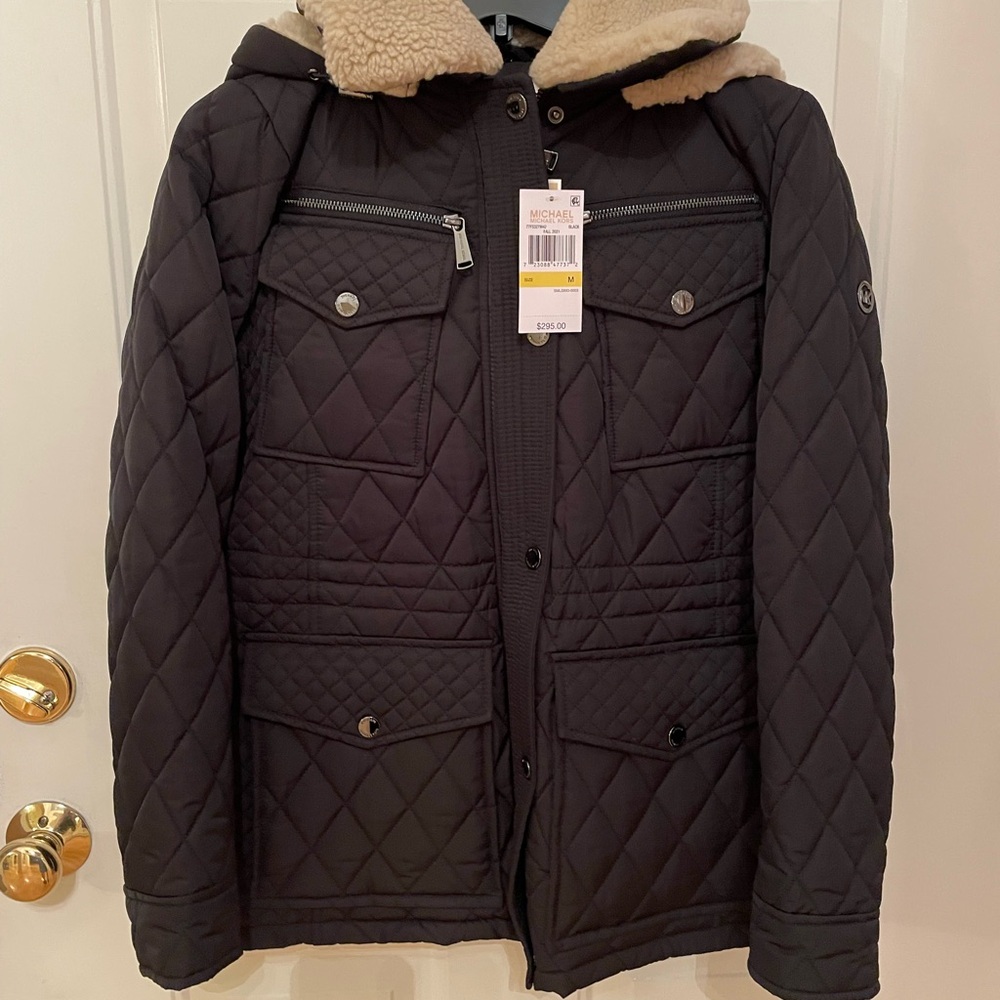Michael Kors Black Quilted Jacket with Cream Hood
